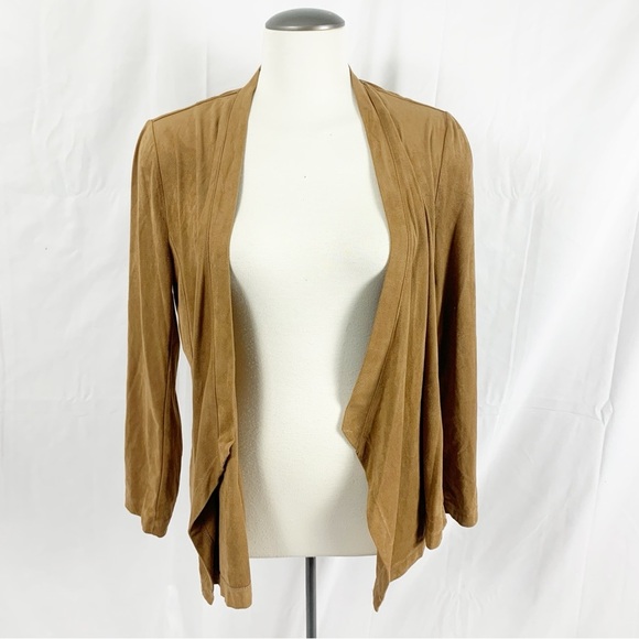 Tanjay Camel Brown Faux Suede Open Front Jacket with Gold Zip Pockets – Size 14 - Picture 2 of 8